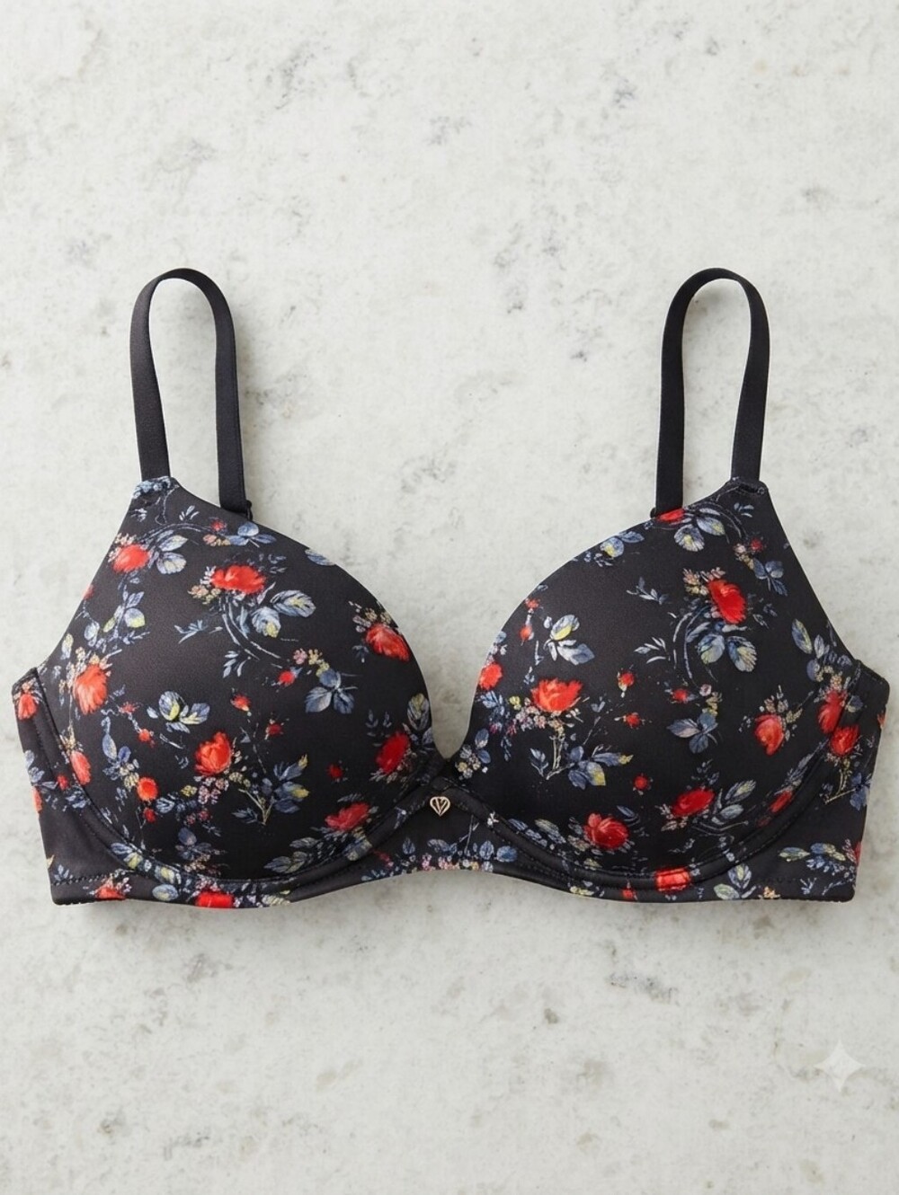 Victoria's Secret 36E Black Floral Bra with Red Rose Print